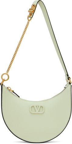 Grained calfskin bag in green. · Burnished edges throughout · Adjustable leather and curb chain shoulder strap · Leather-covered logo hardware at face · Zip closure · Card slot at interior · Fully lined · H4.5 x W7.75 x D1.75 Supplier color: Meadow mist Curb Chain, Valentino Garavani, Aesthetic Clothes, Mist, Calf Skin, Leather Straps, How To Find Out, Shoulder Strap, Women Wear