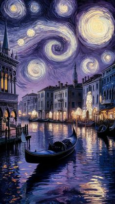 a painting of a gondola at night in venice, italy with swirling lights