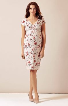 Our stylish floral print maternity dress is made from super soft premium French jersey in a delicious creamy shade that works beautifully with a fashionable nude palette. With a gently gathered crossover neckline and a knee length skirt with a hint of stretch, our Bardot dress fits to flatter. Sprinkled with a divine Japanese cherry blossom print in striking black and red bringing simple, refined elegance to your maternity partywear. Floral print Soft cream jersey Crossover neckline Fitted V-neck Maternity Dress With Floral Print, Elegant Nursing Friendly V-neck Dress, Fitted Maternity Dress With Surplice Neckline, Elegant Spring Nursing Friendly Dresses, Elegant Spring Dresses Nursing Friendly, Feminine Fitted Maternity Dress, Elegant Summer Maternity Dress With Ruched Details, Elegant Ruched Maternity Dress For Summer, Feminine Maternity Dress With Floral Print