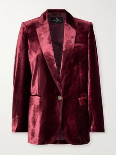 ETRO Velvet blazer | NET-A-PORTER Dusk Summer, Burgundy Pants, Logo Wear, Floral Dresses Short, Dress Flats, Suits And Jackets, Sports Skirts, Velvet Blazer, Swimsuit Dress