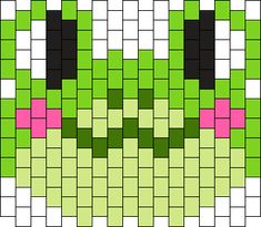 an image of a green and pink snake face made out of pixellated squares with black dots