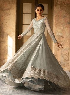 Elegant Long Train Festive Dresses, Elegant Festive Dress With Long Train, Elegant Festive Gown With Long Train, Festive Elegant Gown With Long Train, Elegant Anarkali Set With Dabka For Reception, Floor-length Wedding Dress For Eid Reception, Elegant Floor-length Wedding Dress For Festive Season, Organza Gown With Dabka Work In Maxi Length, Floor-length Wedding Dress For Eid