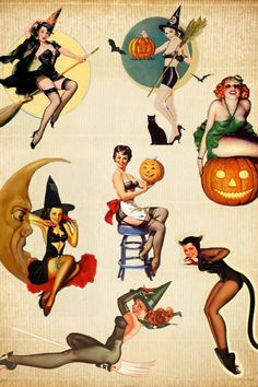 an old fashioned halloween poster with women dressed in costumes and pumpkins on it's sides