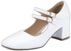 White Mary Jane Heels For Formal Occasions, Spring Formal Mary Janes With Stacked Heel, Formal Mary Janes With Block Heel For Spring, Formal Block Heel Mary Janes For Spring, White Block Heel Mary Janes For Spring, Formal White Low Heel Mary Janes, Spring Mary Jane Block Heels For Formal Occasions, Elegant White Mary Janes With Block Heel, Elegant White Block Heel Mary Janes