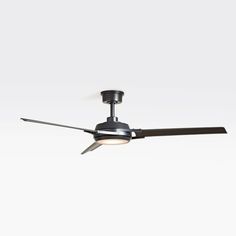 a black ceiling fan with a light on it's side and two blades in the middle