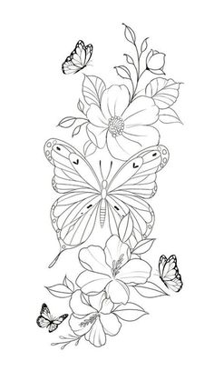 a butterfly and flowers coloring page with butterflies flying over the top of each flower, which is outlined in black and white