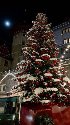 a large christmas tree in front of a building