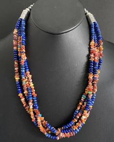 Sterling Silver Multi Strand Stone Lapis Spiny Oyster Bead Necklace. 24 inch | eBay Artisan Multi-strand Necklaces With Polished Beads, Artisan Multi-strand Necklace With Polished Beads, Chip Bead Jewelry, Multi Strand Beaded Necklace, Necklace Layered, Beaded Crafts, Native American Beading, Spiny Oyster, Jewelry Armoire