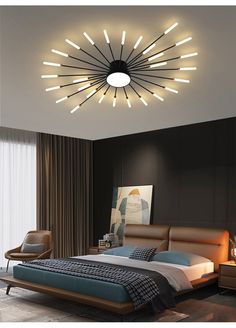 a bed room with a neatly made bed and a round light fixture above the bed