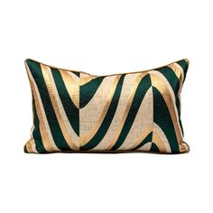 a green and gold zebra print pillow on a white background with a black stripe down the middle