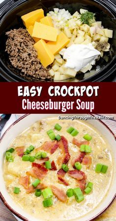 an easy crockpot cheeseburger soup with bacon and green onions