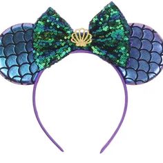 Adorable Disney Ariel Minnie Ears With A Sequin Green Bow And Shell!!! Great For Your Next Disney Trip!!! Open To Offers!!! Mermaid Headband, Bow Hairband, Mermaid Crown, Mermaid Shell, Kids Headbands, Mouse Ears Headband, Disney Ariel, Bow Hair Accessories, Mermaid Coloring