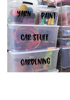 three plastic storage containers with yarn and craft supplies in them on top of each other