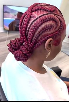 Two Bun Feed Ins, Feed In Braid Bun To The Back, Feedin Braids Low Bun, Feedin Braids Into Low Bun, Criss Cross Feed In Braids Bun, Pink Braided Hairstyles, 4 Criss Cross Stitch Braids In A Bun, Feed In Bun With Heart, Cornrows Bun