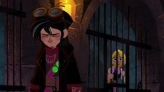 an animated image of a woman in a jail cell with her eyes closed and another person behind her