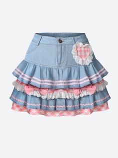 This denim mini skirt captures the kawaii aesthetic with its plaid layers, ruffle design, and heart-shaped plaid detail. Adorned with ribbons, lace, and bows, along with belt loops, it's a playful and stylish piece for casual or streetwear outfits. Kawaii aesthetic Plaid layer details Ruffle design Heart shaped plaid detail at front Ribbon & lace details Bows on skirt Belt loop details A-line Button & zip fastening Double pockets at front Cotton, polyester Cute Plaid Skirt For Spring, Fairy Kei Mini Skirt With Ruffles, Cute High Waist Denim Skirt, Fairy Kei Ruffled Bottoms For Summer, Fairy Kei Ruffle Bottoms For Summer, Cute High-waisted Ruffled Skirt, Cute High-waisted Ruffled Mini Skirt, Cute High-waist Skirt With Ruffles, Cute High Waist Ruffled Mini Skirt