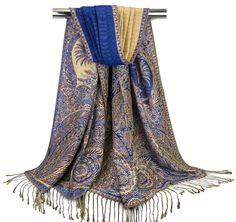 "Festival two layered pashmina scarves for women. A beautiful paisley print in vibrant royal blue and golden beige colors, adorned with an elegant borders along the edges. It's reversibility makes for a huge variety of styles; layer it, fold it, or pleat it, make the best of having two different colors on each side!  A wonderful gift for every occasion. Elegant colors to complement multiple outfits.  ~~Item details~~ Quantity: 1 rectangular long scarf Material: 55% Acrylic, 45% Viscose Length: approx. 73.5 inches Width: approx. 27.25 inches Fringes: 3\" on both ends ~~Care Instructions~~ Gentle cold hand wash separately Do not bleach Iron Cool Do not tumble dry ~~Shipping Policy~~ We ship on same business day if order is placed before 1:00 pm Eastern Time and on next business day if made a Wedding Pashmina, Pashmina Scarves, Festival Scarves, Pink Shawl, Chic Scarves, Multiple Outfits, Reversible Scarf, Paisley Scarves, Fancy Wedding