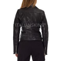 ITALIAN WOMEN BIKER LEATHER JACKET MADE WITH GENUINE SOFT LAMBSKIN LEATHER , WASHED AND VEGETABLE TAN . COLOR : WASHED BLACK . SIZE : CHART SIZES/MEASUREMENTS CHECK PHOTO #10. MADE IN ITALY We've done our best to represent our true colors but due to the differences in screen resolution for computer monitors, colors can vary slightly. MATERIAL All our skins are tanned in Italy SHIPPING & HANDLING LEATHER JACKETS will be shipped with FedEx/ UPS / DHL. Designer Fitted Leather Jacket With Long Sleeves, Edgy Fitted Leather Outerwear, Fitted Edgy Leather Outerwear, Luxury Fitted Biker Jacket, Luxury Fitted Outerwear For Biker Events, Designer Fitted Biker Jacket For Events, Fitted Moto Leather Jacket For Work, Fitted Biker Leather Jacket For Winter, Fitted Biker Leather Jacket For Fall