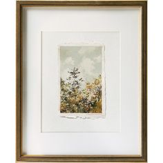 a painting in a gold frame with trees and clouds on the sky behind it,