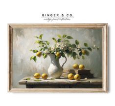 a painting of lemons in a white vase on a table with books and an apple tree