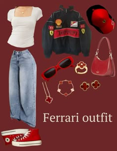 #ferrari #ferrari_jacket #redvancleef #converse #red  #vintage Ferrari Jacket Outfit Women, Downtown Girl Wardrobe, Ferrari Jacket Outfit, Ferrari Outfit, Ferrari Fashion, F1 Fashion, Ferrari Jacket, Jacket Outfit Women, Red Era