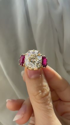 Collet-Set 4.87ct Old Mine Cut Diamond with Ruby Side Stones – Andria Barboné Jewelry Wedding Ideas For Second Marriage, Engagement Ring With Ruby, Ring With Ruby, Radiant Ring, Old Mine Cut Diamond, Bling Wedding, Engagement Ring Diamond Cut, Yellow Gold Setting, Bling Rings