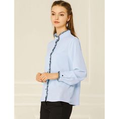 Add a bit of a feminine feel with the ruffled stand collar button-down shirt. Featuring long sleeves, ruffle stand collar, contrast color piped, and soft chiffon fabric. A flattering contrast color trim on the collar placket and cuffs adds pretty details, perfect for a weekday meeting or night out. Match with jeans or a skirt for a weekend casual look. Lightweight and comfortable for all-day wear. This blouse is versatile and can be styled in various ways to suit different occasions. The solid c Elegant Long Sleeve Light Blue Blouse, Elegant Light Blue Long Sleeve Blouse, Elegant Light Blue Collared Blouse, Elegant Blue Blouse With Ruffled Collar, Workwear Blouse With Button Cuffs And Stand Collar, Elegant Light Blue Buttoned Blouse, Elegant Light Blue Blouse With Buttons, Elegant Light Blue Blouse For Daywear, Bishop Sleeve