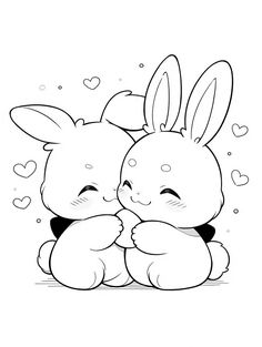 two rabbits hugging each other with hearts in the background