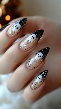 Give your Halloween almond nails a ghostly charm with spooky ghost designs! These playful yet eerie nails are perfect for embracing the Halloween spirit. Click the pin and follow us for more haunting nail inspiration! #HalloweenNails #GhostNails #AlmondNails #NailArtInspo #SpookySeason Bat And Ghost Nails, Holloween Nails Almond Shape, Ghost Nails Almond Shape, Oval Shaped Halloween Nails, Almond Nail Halloween Designs, Halloween Nails Short Stiletto, Glazed Ghost Nails, Short Stilleto Nails Halloween, Halloween Almond Shape Nails