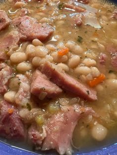 a blue bowl filled with meat and beans