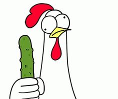 a cartoon chicken holding a pickle in its hand