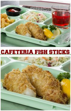 there are two pictures of different foods in the trays and one has fish sticks on it