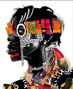 a collage of african women with colorful hair and jewelry on her face, in black and orange colors