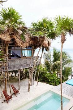 an outdoor swimming pool surrounded by palm trees