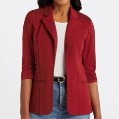 Nwt! Versatile Woman Blazer In Burgundy. Elevate Your Office Look With This 41 Hawthorn Leena Unlined Open Front Ponte Blazer. A Versatile Blazer That Pairs Well With Everything From Slacks To Skirts, This Blazer Also Features A Button Closure And A Classic Cut. Materia- 66% Rayon, 30% Nylon, 4% Spandex A-129 Fitted Burgundy Blazer For Work, Red Tailored Outerwear For Business Casual, Red Casual Blazer For Business Casual, Red Outerwear For Fall Workwear, Red Business Casual Outerwear For Spring, Red Outerwear For Work In Fall, Fall Burgundy Office Blazer, Fall Office Burgundy Blazer, Chic Burgundy Blazer For Workwear