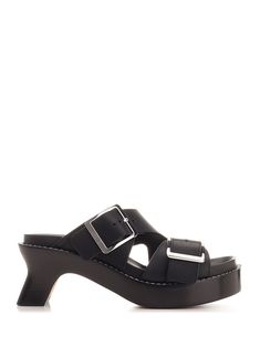 "Ease" sandals from Loewe in black brushed leather with double buckle, square toe, sculptural heel. Sandals For Women, Wallet Bag, Cool Socks, Pump Sandals, Small Leather Goods, Lace Boots, Lace Up Shoes, Pump Shoes, Loafer Shoes