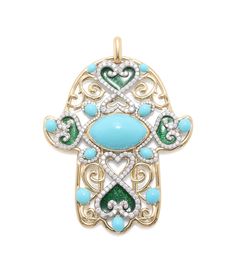 Cabochon sapphire and turquoise, brilliant-cut diamonds, green enamel, 18K gold, and platinum Luxury Green Enamel Jewelry, Turquoise Oval Enamel Jewelry, Oval Turquoise Enamel Jewelry, Green Cabochon Enamel Jewelry, Luxury Turquoise Jewelry With Diamond Accents, Green Enamel Jewelry With Gemstones, Hamsa Pendant, David Webb, Cabochon Pendant