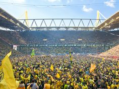 a large group of people in a stadium with yellow and green flags on the stands