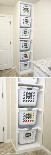 three pictures show the inside of a closet with bins on each side and baskets on the bottom