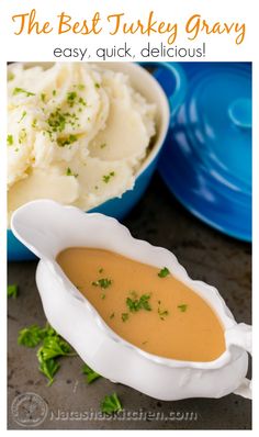 mashed potatoes and gravy in blue dishes