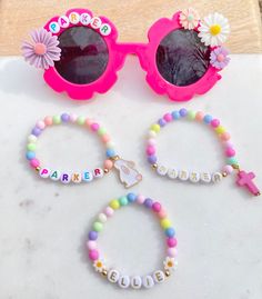 "✨🐰Easter is Mar 31st this year! Time to prepare for Easter baskets! ✨🐰 These personalized bracelets are the perfect addition for your Easter basket! We also have custom flower sunnies avaialabe - please check out our other listings! 💖✨ Flower Sunnies Listing: https://twolittlepoppes.etsy.com/listing/1455157576 Bracelet sizing:  When in doubt, go with measurements and not the age range for your child's bracelet size. These are simply estimates based on average wrist sizes. ✨Need it ASAP? ✨Add \"Rush Order Fee\" listing to your cart to expedite your production time for your item(s) and jump to the front of the line!  *SHOP DISCLAIMER/WAIVER* This item contains small parts. Not for children under 3 years. Do NOT let your child put the bracelet in their mouth. Always monitor and supervise Personalized Pink Novelty Bracelets, Customizable Pink Fun Bracelets, Pink Novelty Bracelets For Party Favors, Fun Customized Pink Bracelets, Playful Customized Pink Bracelets, Fun Personalized Bracelets For Party Favors, Cute Personalized Wristband For Birthday, Easter Bracelets, Bunny Bracelet