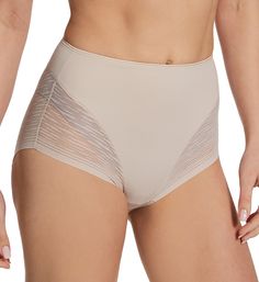 No-VPL shaper panty has high waisted styling and Leonisa's trademark "DuraFit" fabric to help give the tummy a more firm look. "SmartLace" side panels and thong back create a rear lift effect. "No show" elastic waistband is shiny and provides a secure fit. Sheer lace panels have engineered stripe pattern. Soft microfiber knit adds a touch of comfort. Patented "DuraFit" fabric helps shape your curves and flatten the tummy. Flat leg bands have laser cut edges for an invisible look under clothing. Elegant Stretch Bottoms With Short Leg, Shaping High Waist Pants With Wide Waistband, Short Length Shapewear Bottoms With Wide Waistband, High Waist Shapewear Pants With Wide Waistband, High Waist Shaping Pants Shapewear, High Waist Shaping Bottoms With Wide Waistband, High Waist Shapewear Bottoms, Fitted Bottoms With High-cut Leg And Partial Lining, Shaping High Waist Bottoms With Wide Waistband