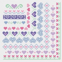 a cross stitch pattern with hearts and flowers on the border, in pastel colors