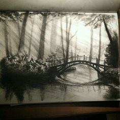 a drawing of a bridge in the woods