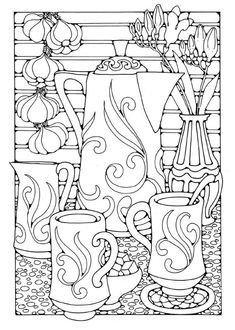 a black and white drawing of vases with flowers