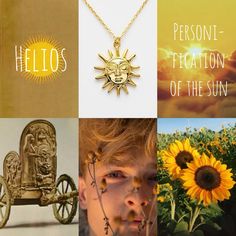 a collage of photos with sunflowers and other items