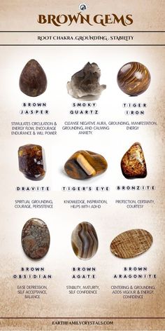 Some of our favorite brown crystals! Crystal For Grounding, Brown Crystals Identification, Crystals For Health And Well Being, Masculine Crystals, Brown Gemstones, Brown Crystals, The Root Chakra, Gemstones Chart, Crystal Healing Chart