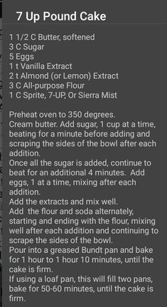 the recipe for 7up pound cake is shown in black and white, with an image of