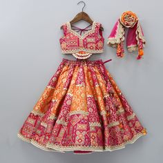 Indian Wear, Ethnic Wear for Girls | Little Muffet Baby Girl Chaniya Choli Design, Multicoloured Lehenga, Chaniya Choli For Kids, Lehenga With Net Dupatta, Top And Lehenga, Brocade Embroidery, Baby Lehenga, Kids Party Wear Dresses