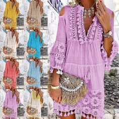 Trendy Fashion Women Short Dresses Lace Floral Mini Dress Ladies Sexy Travel V Neck, Fashion Womens Dresses Purple Party Dress For Beach Season, Purple Beach Season Party Dress, Long Sleeve Beach Dress For Party, Knee-length Mini Dress For Beach Party, Long Sleeve Beach Party Dresses, Long Sleeve Party Dresses For Beach Season, Summer Purple Boho Dress, Purple Boho Dress For Summer, Bohemian Knee-length Mini Dress For Party